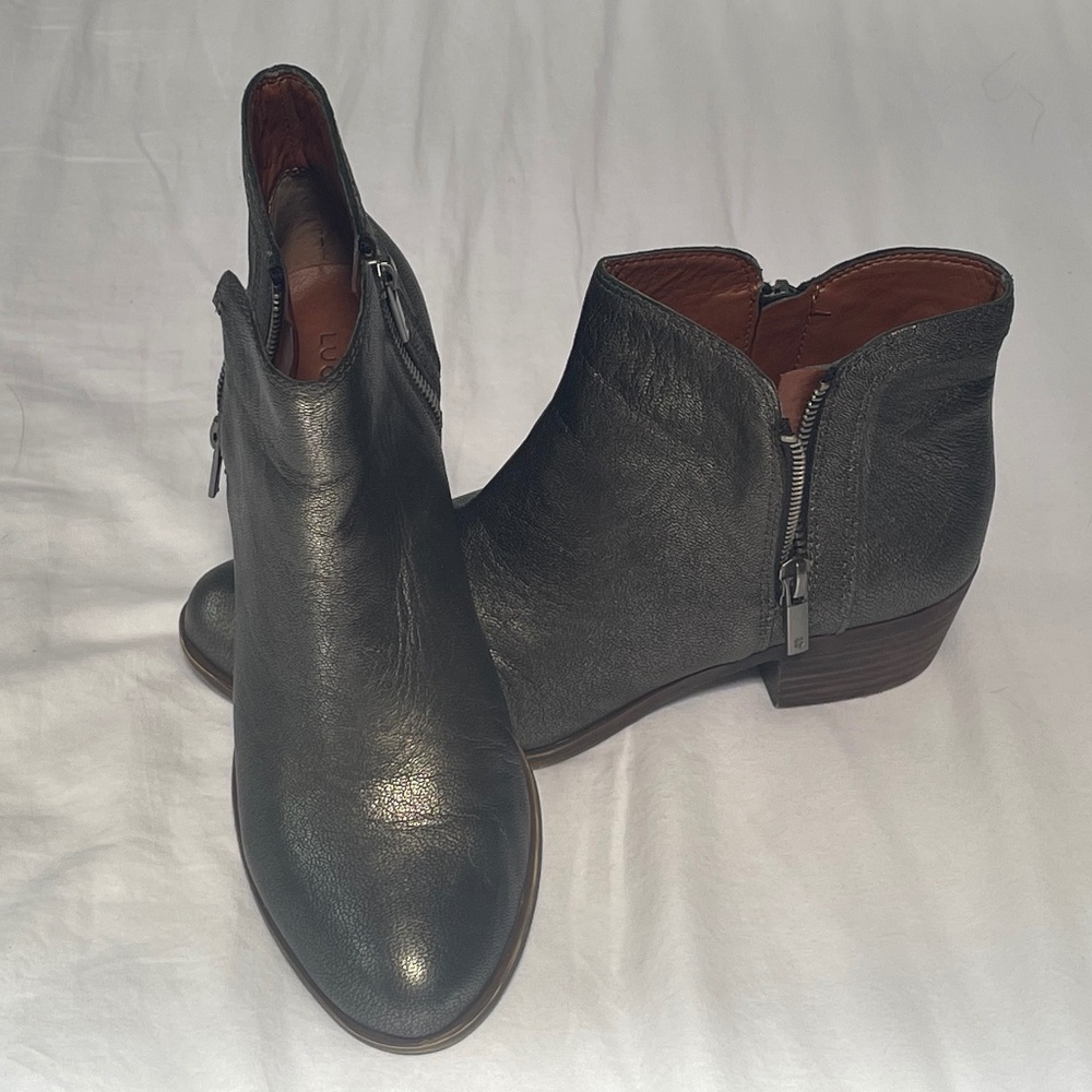 Lucky Brand Leather Basel Bootie Pewter  7.5 EUC